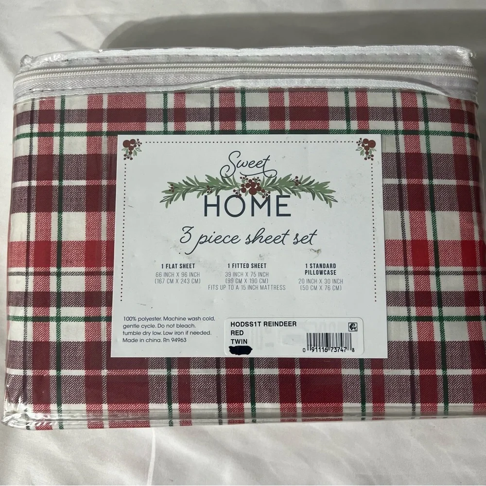 Sweet Home 3 Piece Soft Microfiber Red, Green & White Twin Sheet Set
